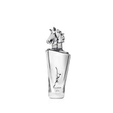 Lattafa Maahir Legacy perfume for men in a sleek silver bottle with a horse head cap